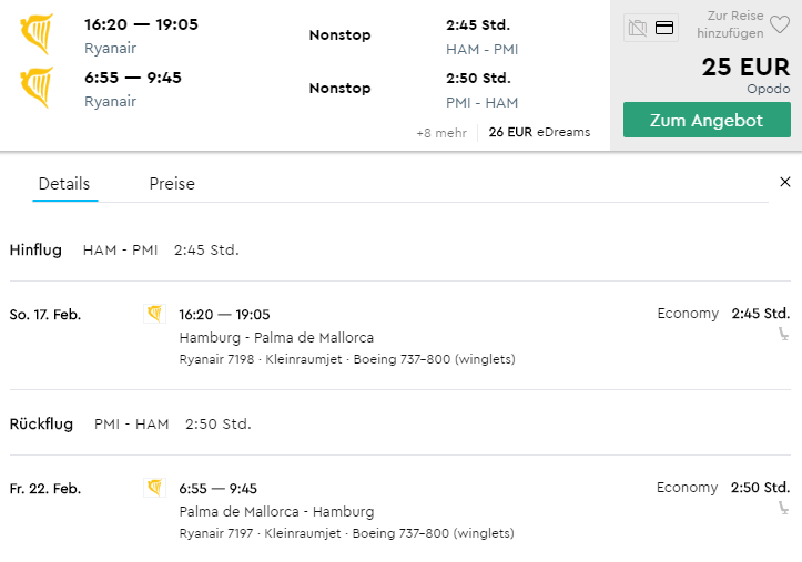 Billigflug von Palma de Mallorca nach Hamburg Ryanair 25€
